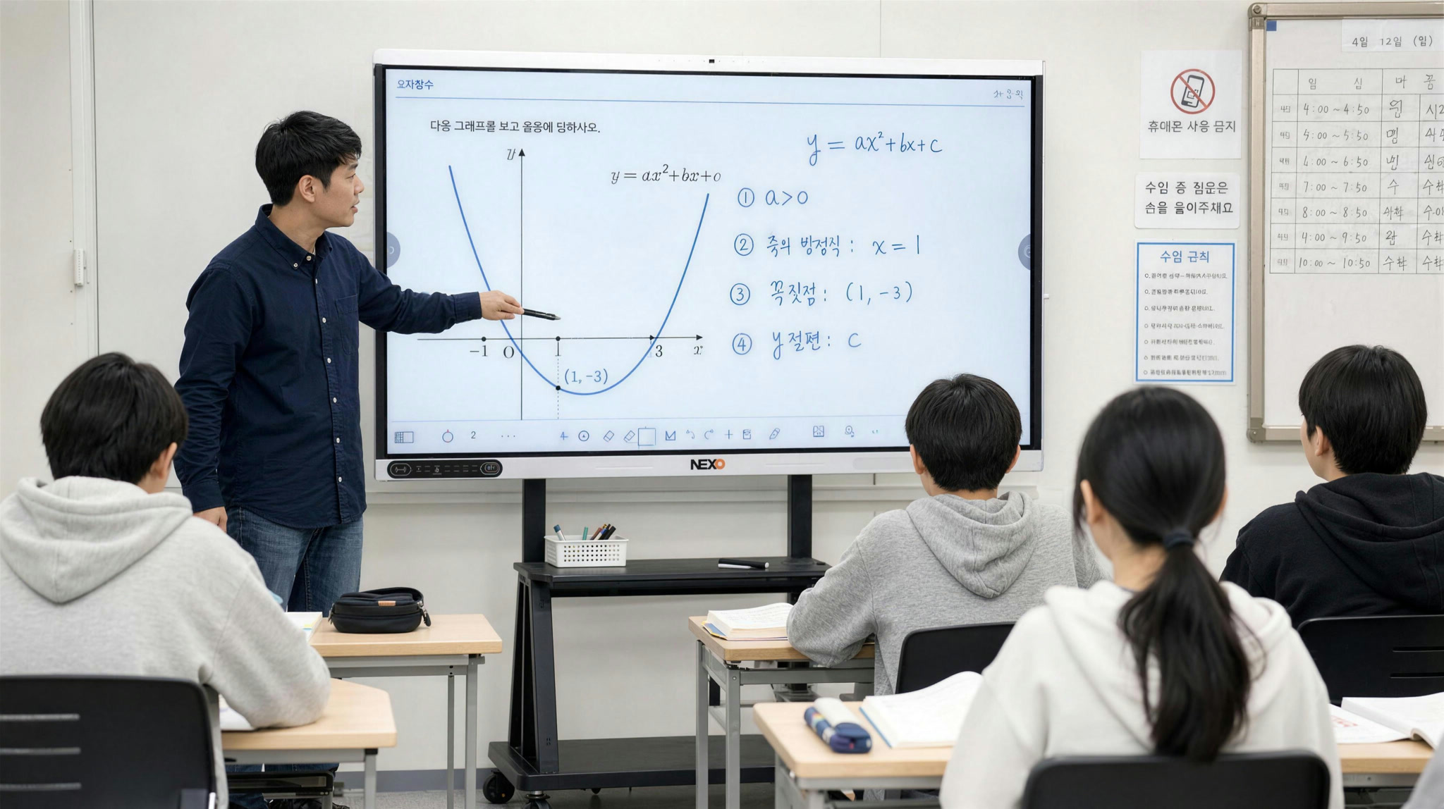 수학 학원에서 이차함수를 설명하는 수업