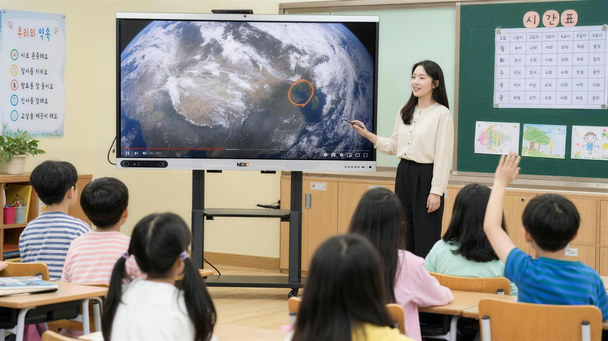 초등학교에서 지구 영상을 보는 과학 수업
