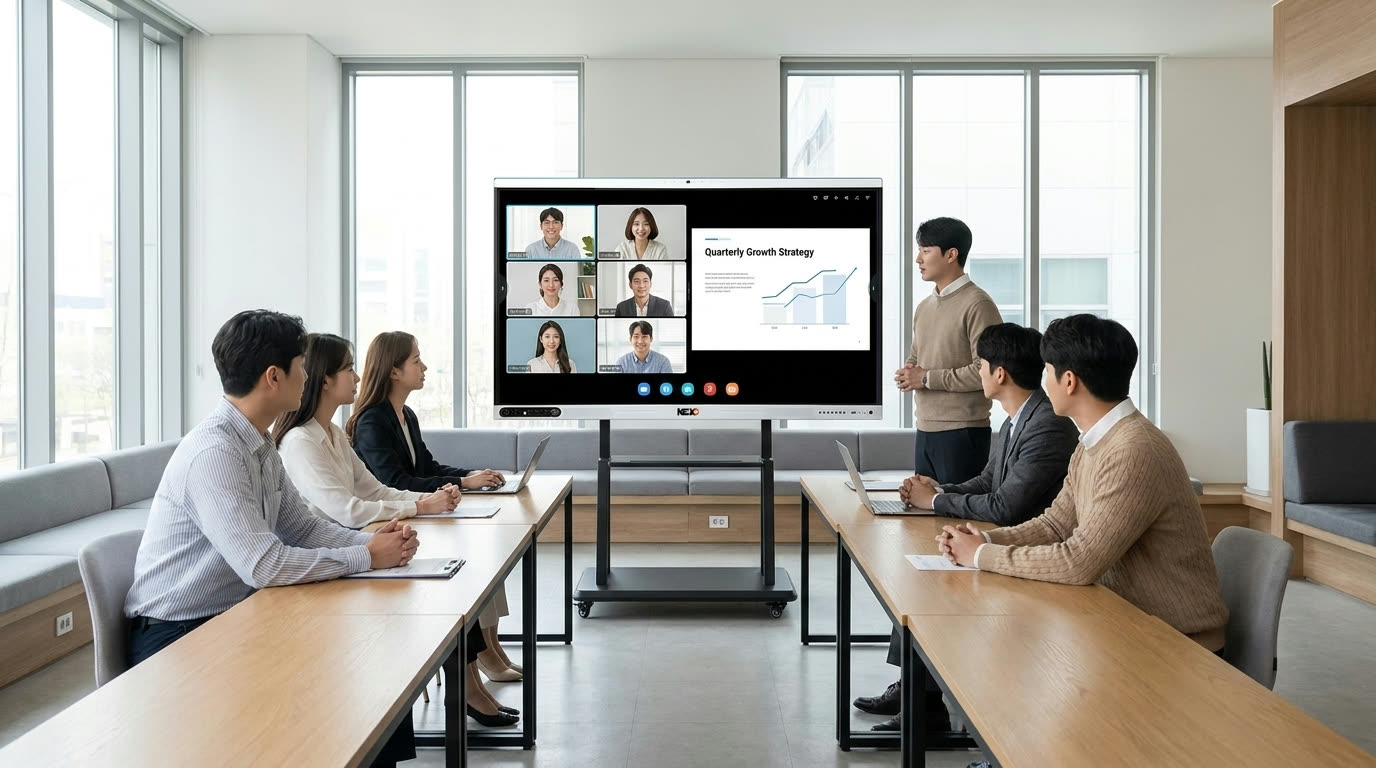 NEXO 디스플레이 앞에서 진행되는 회의